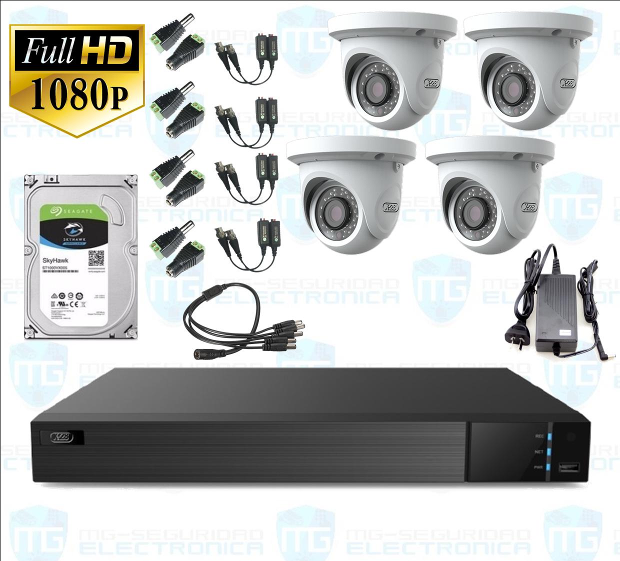 DVR, Disco 1 TB, 4 Cámaras minidomo, balunes, fuente centralizada y conectores.